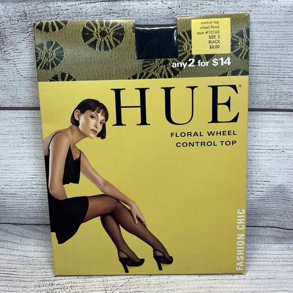 HUE Floral Wheel Size 2 Black Support Hosiery Sleek Control Top Pantyhose 10168 - Picture 1 of 3
